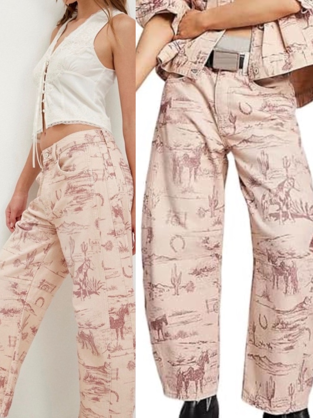 Free People Pink Western Print Wide Leg Jeans